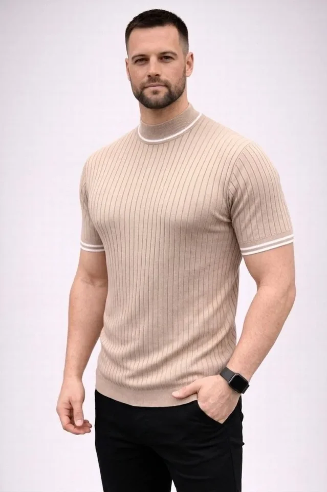 Erkek Fitilli Triko Dokuma Kısa Kol Tişört Yarım Boğaz Modern Yazlık T-Shirt - Bej - Görsel 3
