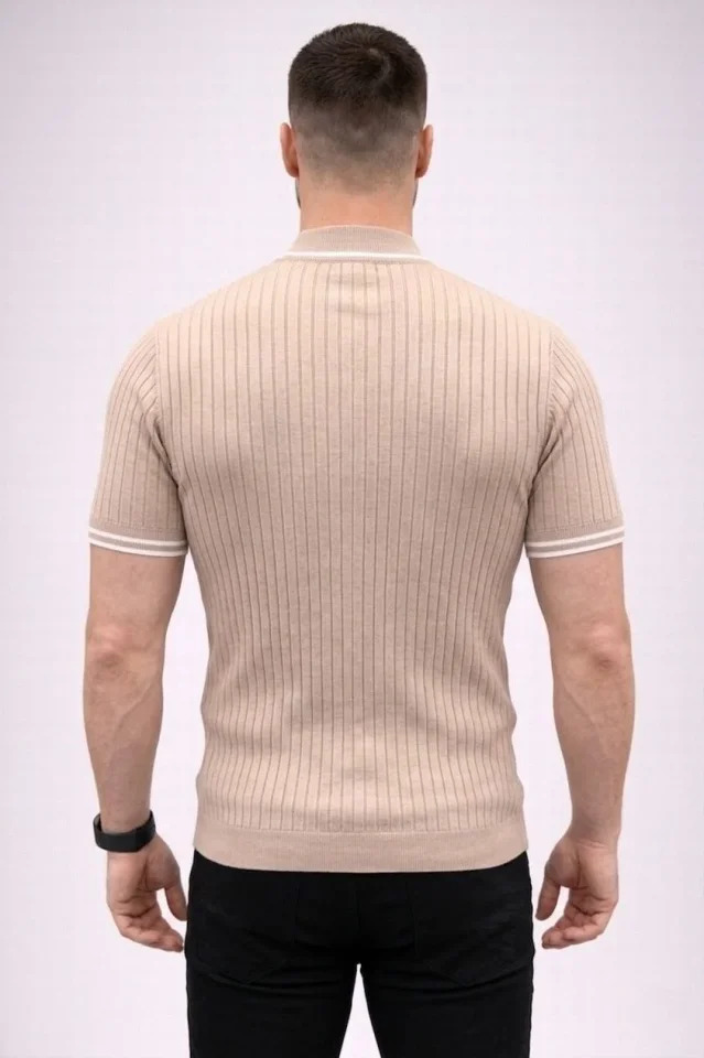 Erkek Fitilli Triko Dokuma Kısa Kol Tişört Yarım Boğaz Modern Yazlık T-Shirt - Bej - Görsel 4