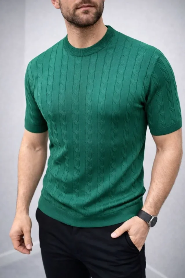Erkek Yazlık Triko Dokuma Tişört Kısa Kol Bisiklet Yaka Örgü Desenli T-Shirt - Haki