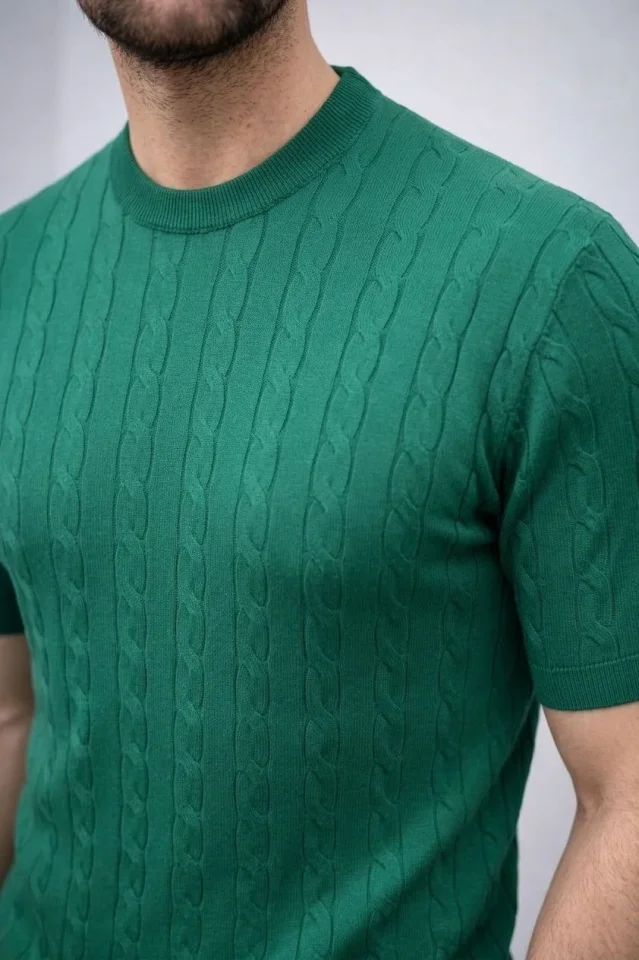 Erkek Yazlık Triko Dokuma Tişört Kısa Kol Bisiklet Yaka Örgü Desenli T-Shirt - Haki - Görsel 4