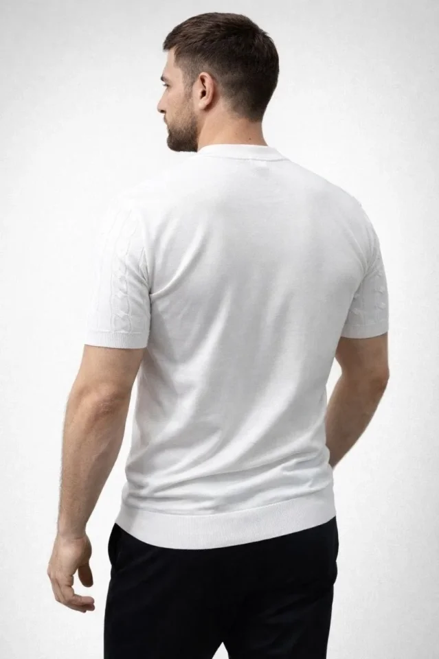 Erkek Yazlık Triko Dokuma Tişört Kısa Kol Bisiklet Yaka Örgü Desenli T-Shirt - Beyaz - Görsel 4