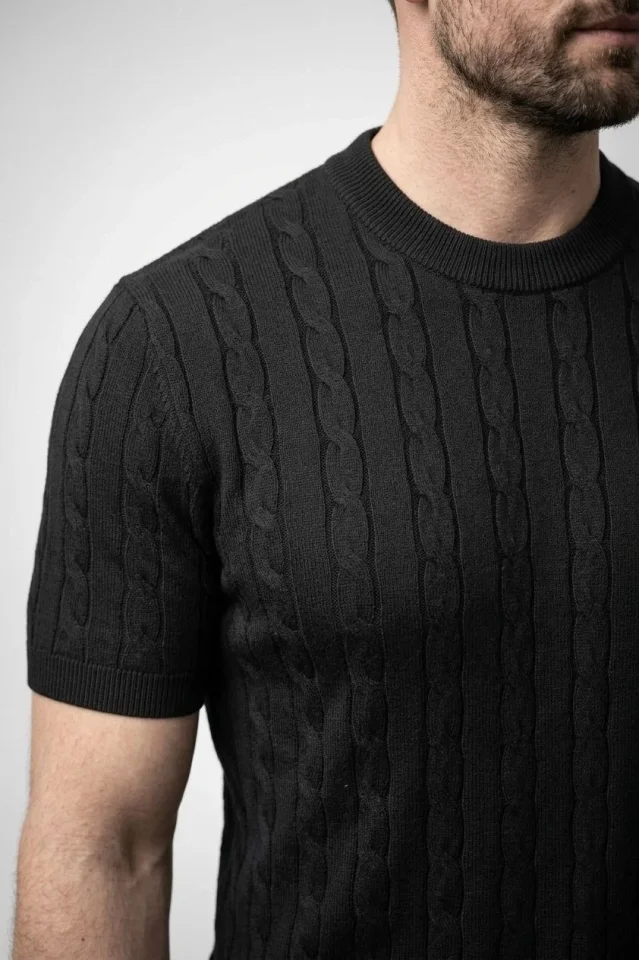 Erkek Yazlık Triko Dokuma Tişört Kısa Kol Bisiklet Yaka Örgü Desenli T-Shirt - Siyah - Görsel 3