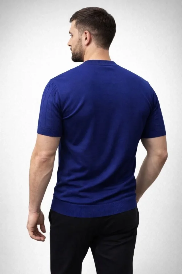 Erkek Yazlık Triko Dokuma Tişört Kısa Kol Bisiklet Yaka Örgü Desenli T-Shirt – Lacivert
