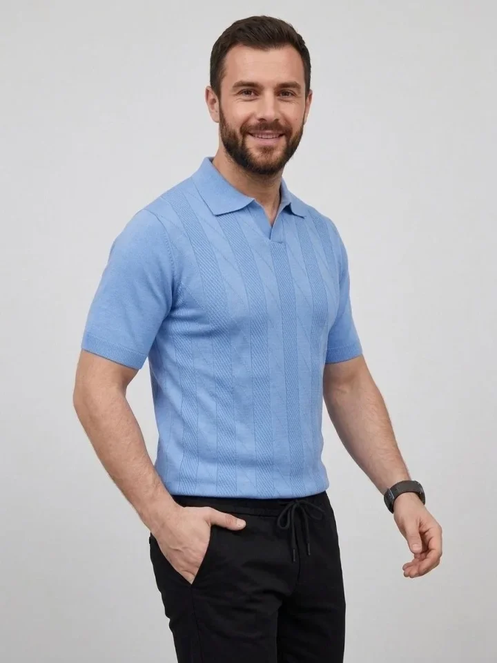 Erkek Yazlık Triko Dokuma Tişört Kısa Kol Polo Yaka T-Shirt - Bebek Mavisi - Görsel 3