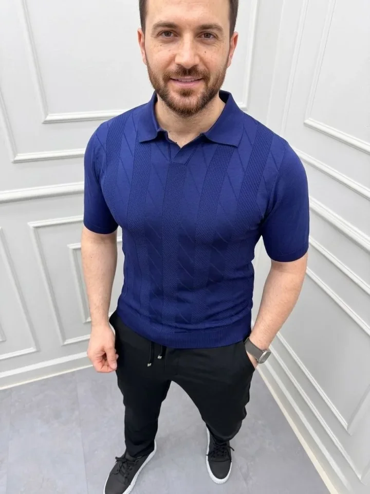 Erkek Yazlık Triko Dokuma Tişört Kısa Kol Polo Yaka T-Shirt - Lacivert