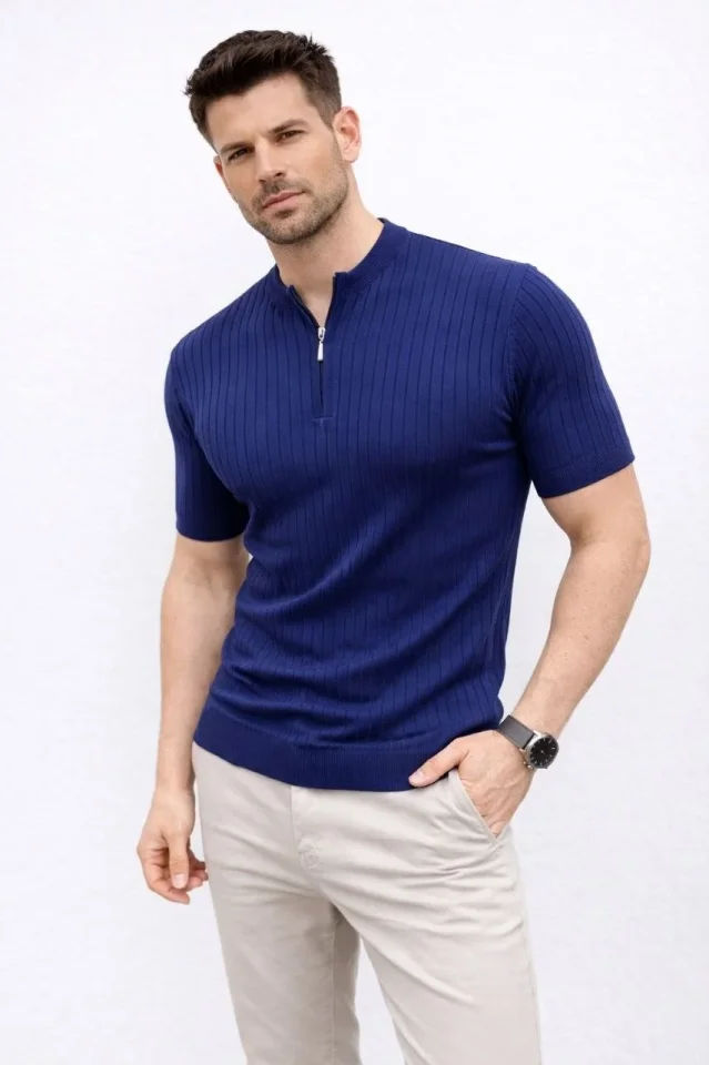 Erkek Kısa Kol Fitilli Triko T-Shirt Yazlık Hakim Yaka Tişört - Lacivert