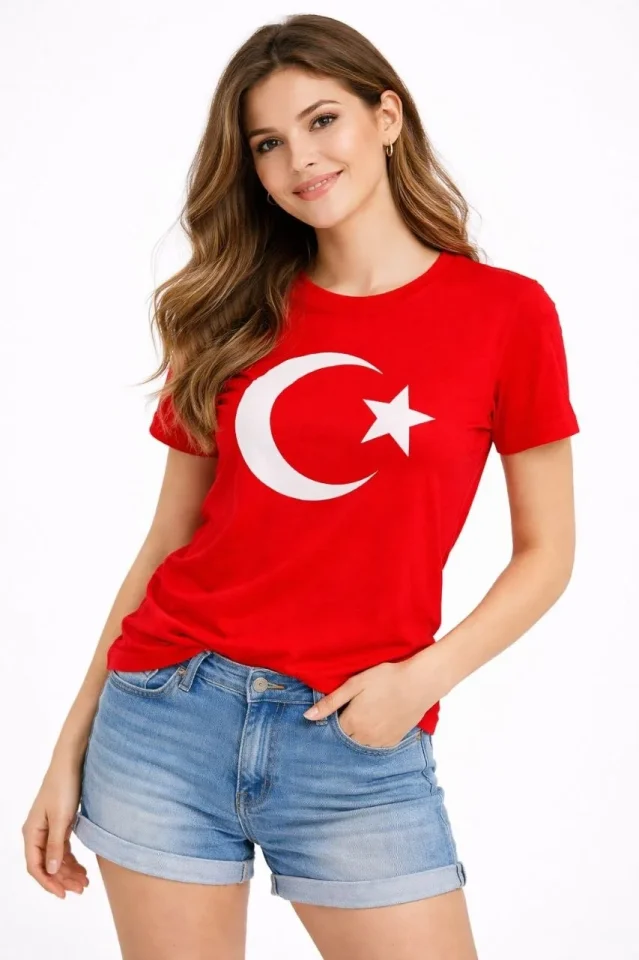 T-Shirt Kısa Kol Bisiklet Yaka Ay Yıldız Bayrak Baskılı Tişört – Kırmızı