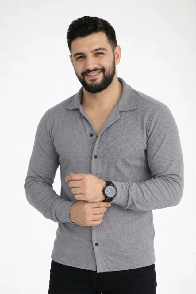 Erkek Waffle Kumaş Uzun Kollu Düğmeli Açık Yaka Regular Fit Gömlek - Füme - Görsel 4