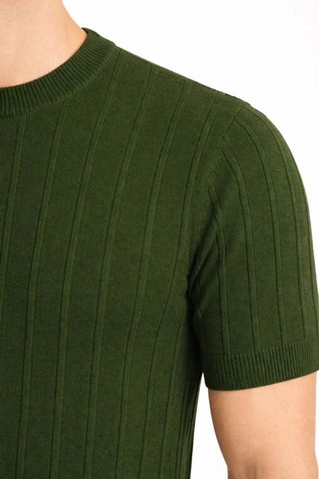 Erkek Yazlık Fitilli Triko Tişört Kısa Kol Bisiklet Yaka T-Shirt – Haki