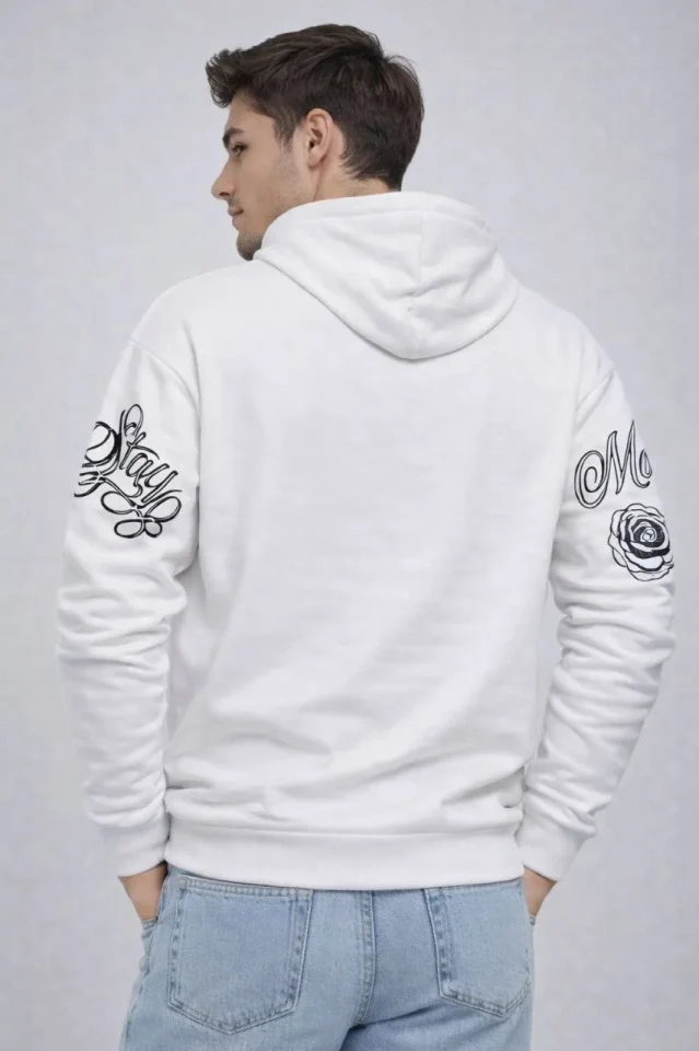 Erkek 3 İplik Pamuklu Kapüşonlu Baskılı SweatShirt Hoodie – Beyaz