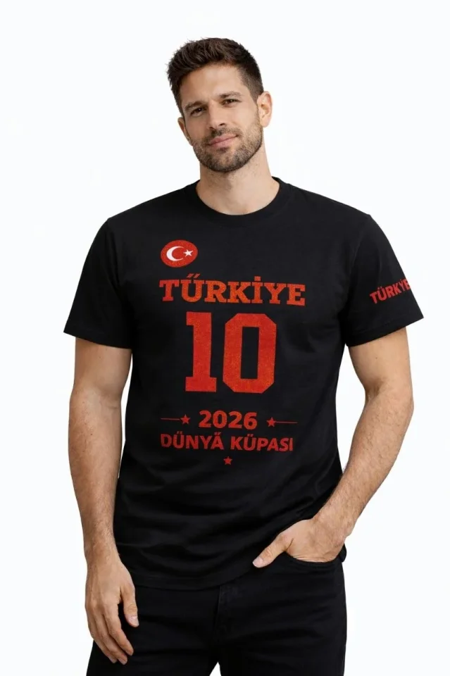 Erkek TÜRKİYE Baskılı Tişört 2026 Dünya Kupası Taraftar Forma T-Shirt - Siyah