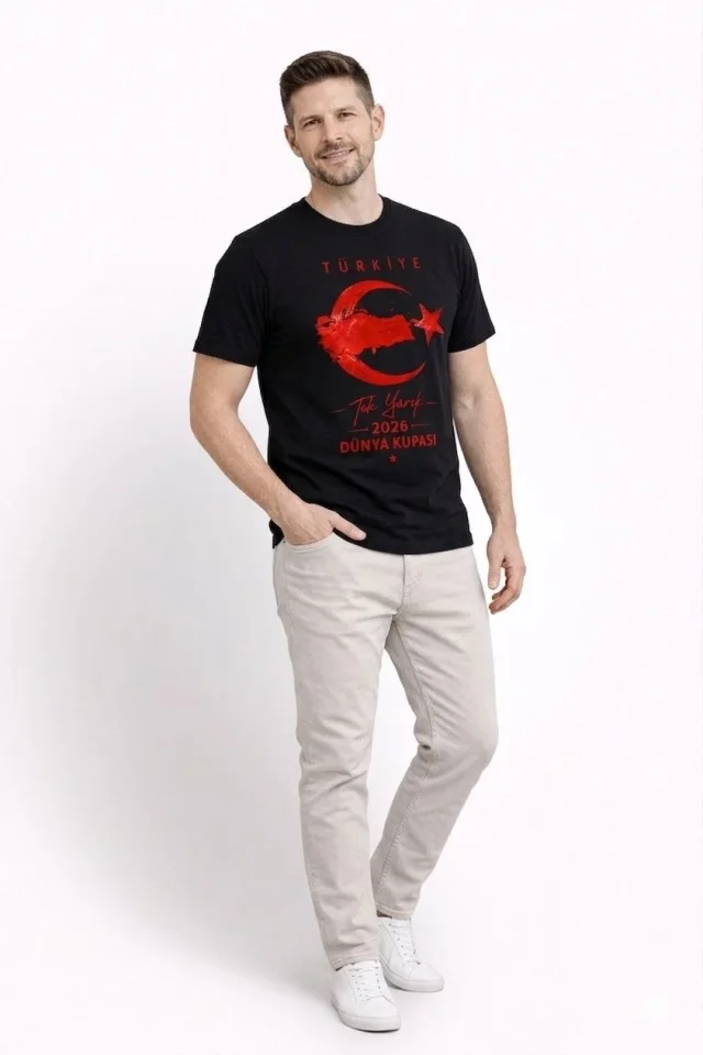 Erkek TÜRKİYE Ay Yıldız Baskılı Taraftar Forma T-Shirt – Siyah