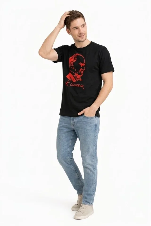 Erkek Atatürk Baskılı Tişört Kısa Kollu Bisiklet Yaka T-Shirt – Siyah