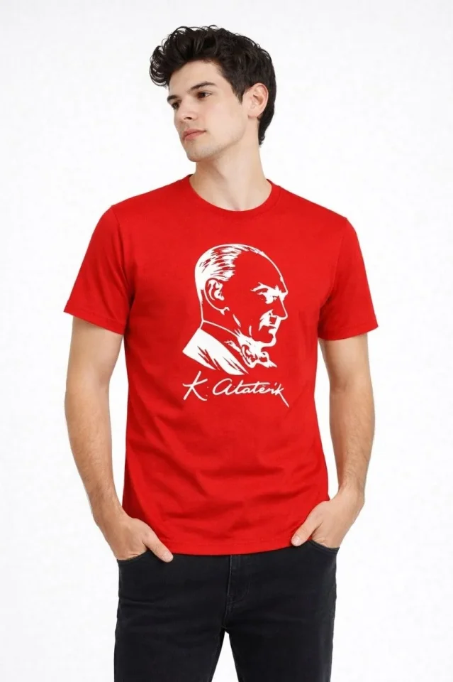 Erkek Atatürk Baskılı Tişört Kısa Kollu Bisiklet Yaka T-Shirt – Kırmızı