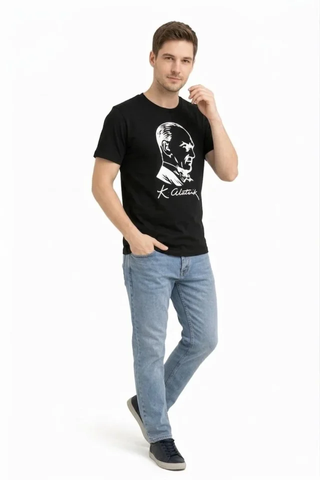 Erkek Atatürk Baskılı Tişört Kısa Kollu Bisiklet Yaka T-Shirt – Siyah