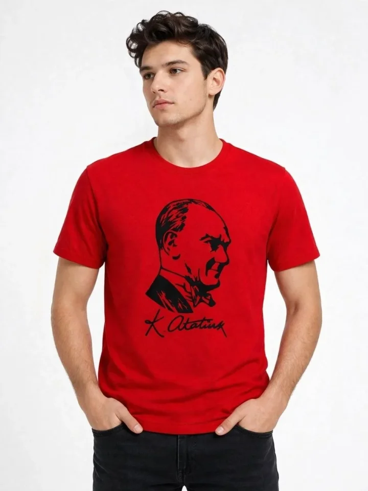 Erkek Atatürk Baskılı Tişört Kısa Kollu Bisiklet Yaka T-Shirt – Kırmızı