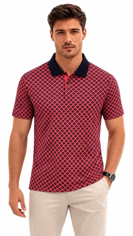 Erkek Pike Kumaş Polo Yaka Desenli Tişört Kısa Kol Yazlık T-Shirt – Kırmızı