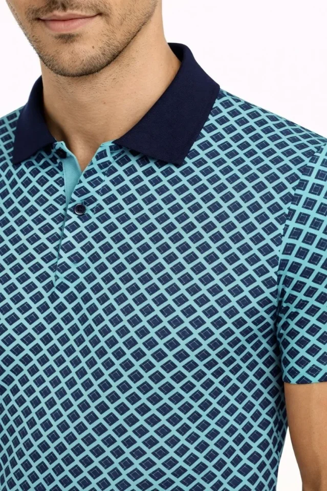 Erkek Pike Kumaş Polo Yaka Desenli Tişört Kısa Kol Yazlık T-Shirt – Turkuaz