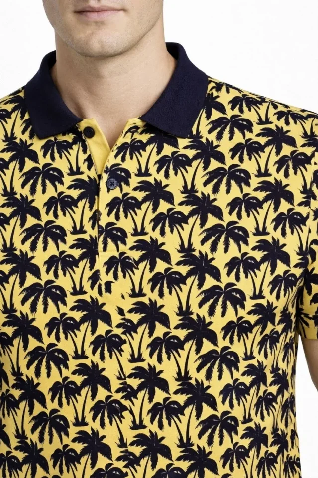 Erkek Pike Kumaş Polo Yaka Palmiye Desenli Tişört Kısa Kol Yazlık T-Shirt – Sarı