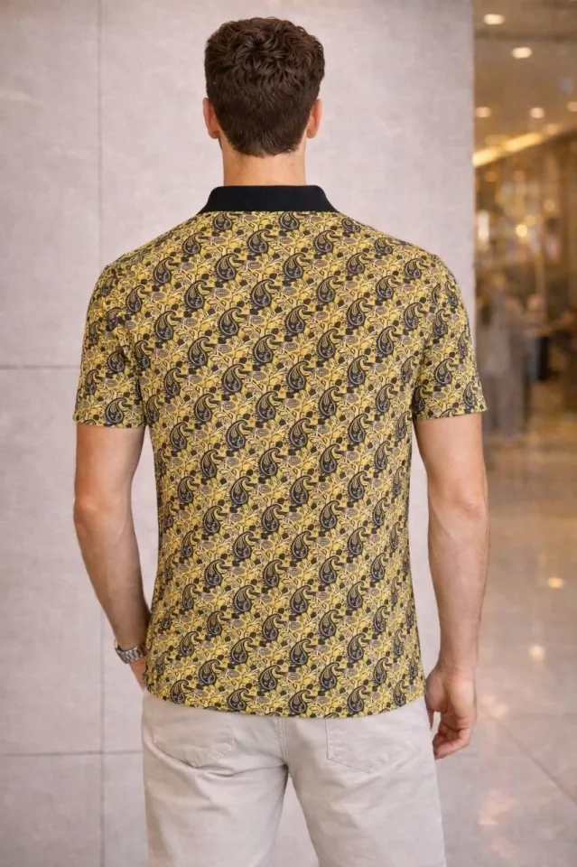 Erkek Pike Kumaş Polo Yaka Palmiye Desenli Tişört Kısa Kol Yazlık T-Shirt – Sarı