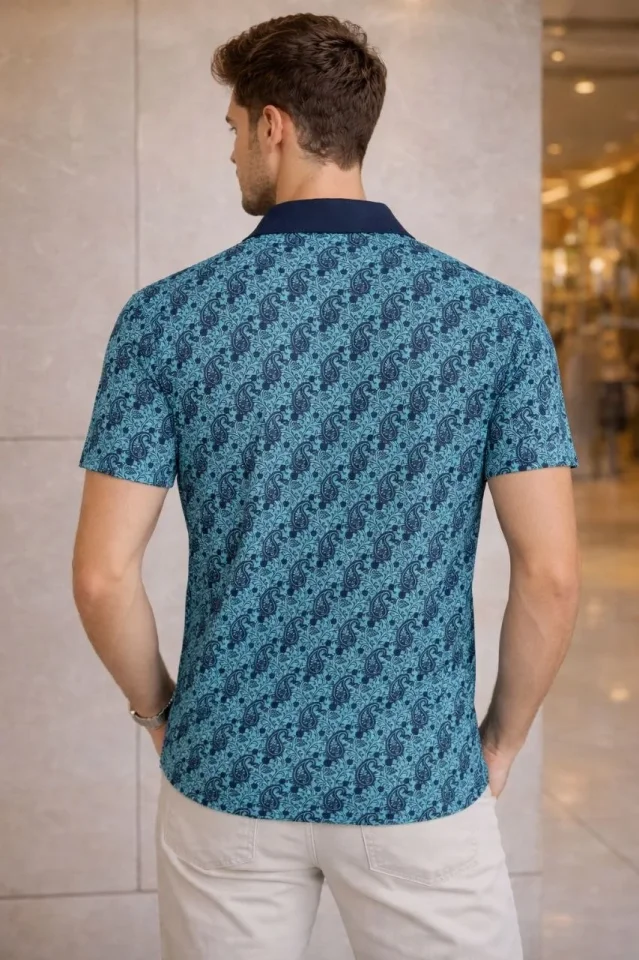Erkek Pike Kumaş Polo Yaka Palmiye Desenli Tişört Kısa Kol Yazlık T-Shirt – Turkuaz