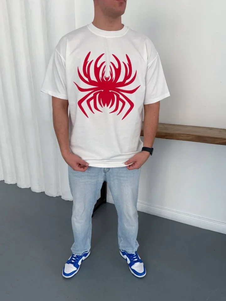 Erkek Örümcek Baskılı Tişört Kısa Kollu Bisiklet Yaka T-Shirt - Beyaz - Görsel 3