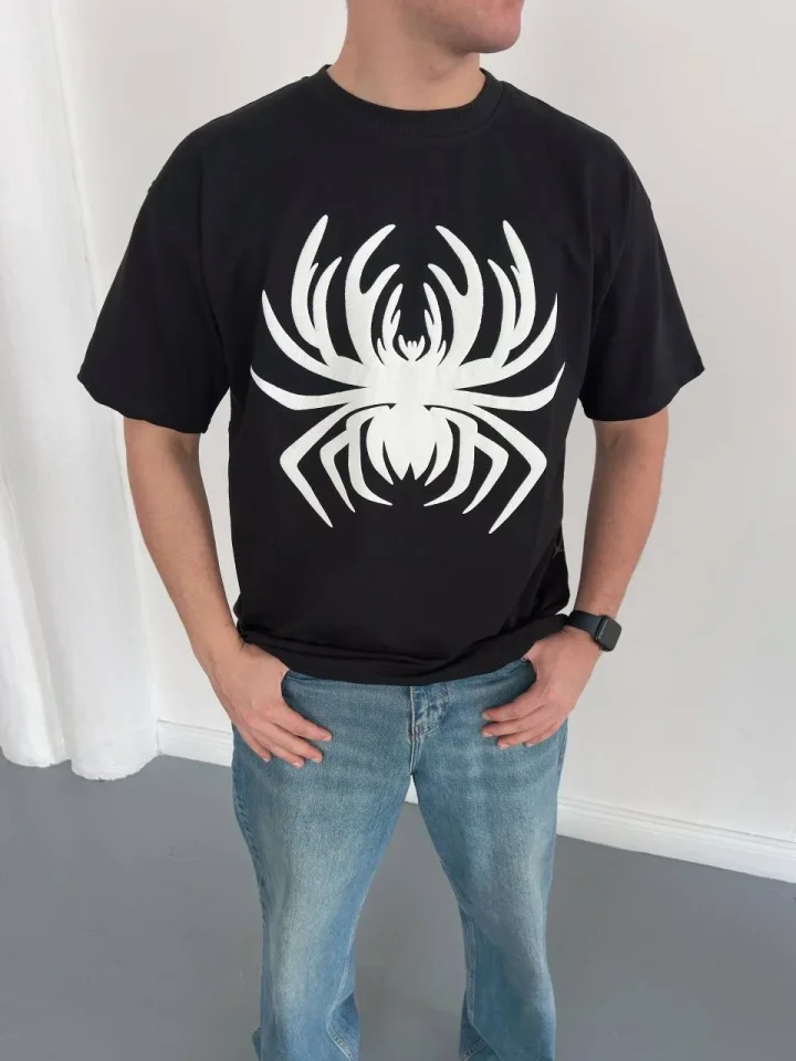 Erkek Örümcek Baskılı Tişört Kısa Kollu Bisiklet Yaka T-Shirt - Siyah - Görsel 3