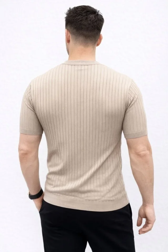 Erkek Kısa Kol Fitilli Triko T-Shirt Yazlık Hakim Yaka Tişört – Bej