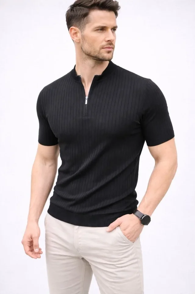 Erkek Kısa Kol Fitilli Triko T-Shirt Yazlık Hakim Yaka Tişört - Siyah