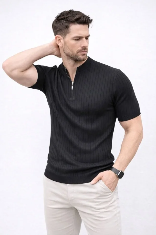 Erkek Kısa Kol Fitilli Triko T-Shirt Yazlık Hakim Yaka Tişört - Siyah - Görsel 3