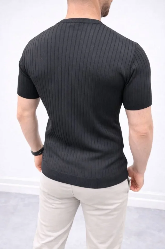 Erkek Kısa Kol Fitilli Triko T-Shirt Yazlık Hakim Yaka Tişört - Siyah - Görsel 4