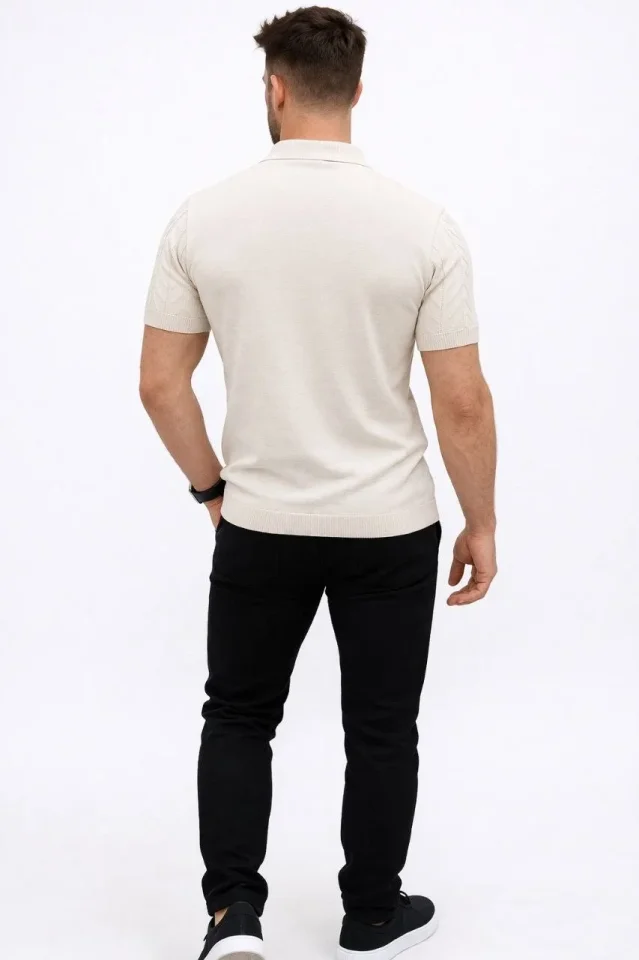 Erkek Yazlık Triko Tişört Kısa Kol Polo Yaka Düğmeli T-Shirt – Krem