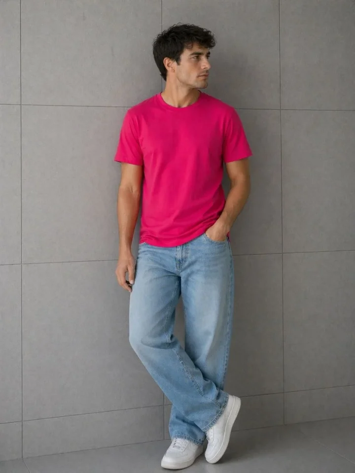 Erkek Basic Pamuklu Tişört Bisiklet Yaka Düz Renk Regular Fit T-Shirt – Fuşya