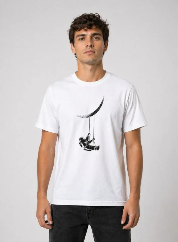 Erkek Astronot Ay Temalı Tişört Kısa Kol Yazlık Bisiklet Yaka T-Shirt – Beyaz