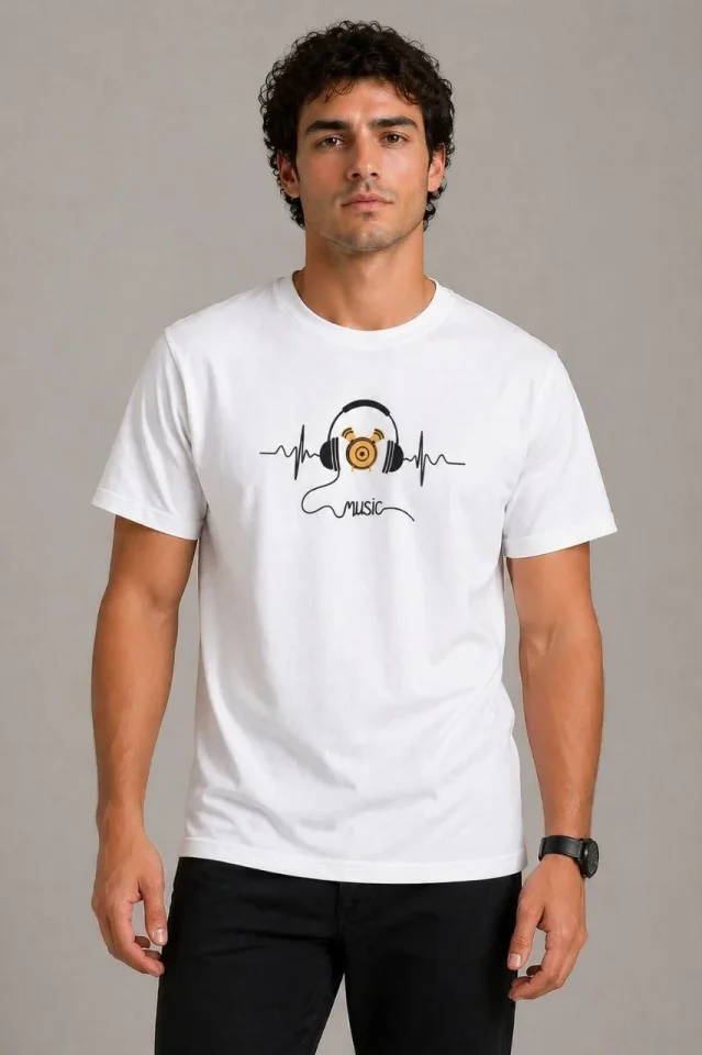 Erkek Müzik Temalı Baskılı Tişört Bisiklet Yaka Kısa Kol T-Shirt – Beyaz
