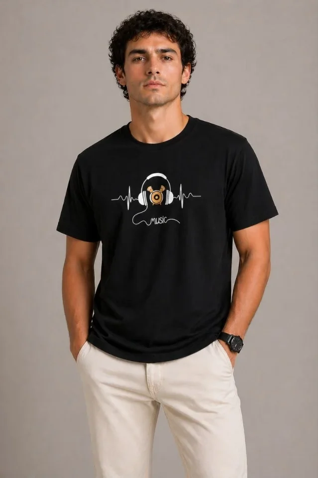 Erkek Müzik Temalı Baskılı Tişört Bisiklet Yaka Kısa Kol T-Shirt - Siyah - Görsel 3