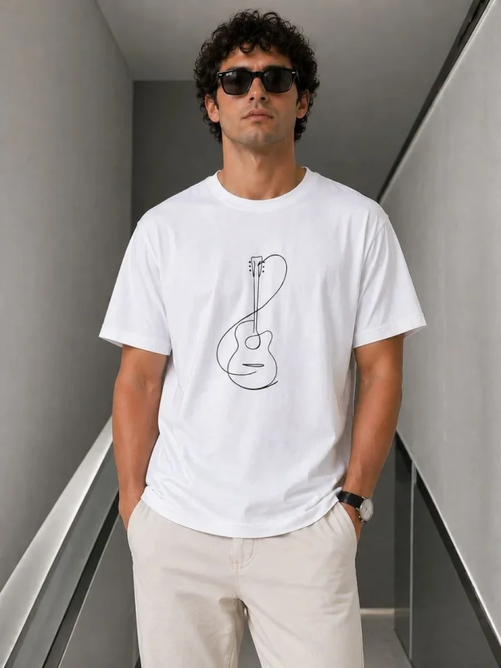 Erkek Minimal Gitar Baskılı Tişört T-Shirt Yazlık Kısa Kol Bisiklet Yaka T-Shirt - Beyaz - Görsel 3