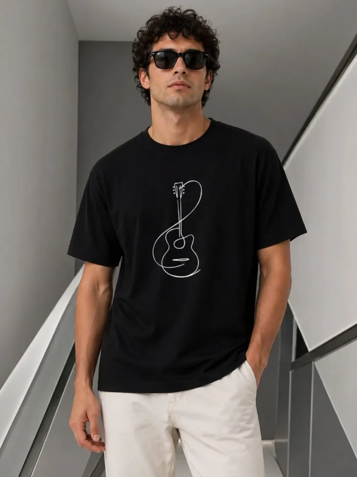 Erkek Minimal Gitar Baskılı Tişört T-Shirt Yazlık Kısa Kol Bisiklet Yaka T-Shirt - Siyah - Görsel 3