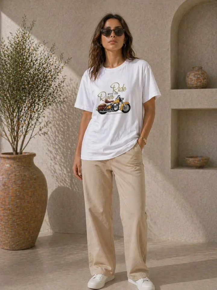 Motosiklet Baskılı Tişört Bisiklet Yaka Kısa Kol Yazlık T-Shirt - Beyaz