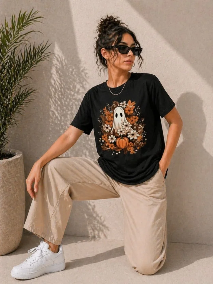 Balkabağı Hayalet Baskılı Tişört Kısa Kol Yazlık T-Shirt - Siyah