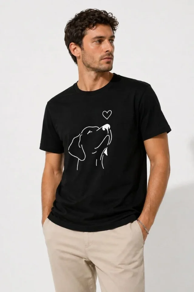 Erkek Köpek Figürlü Minimal Baskılı Tişört Kısa Kol Yazlık T-Shirt – Siyah