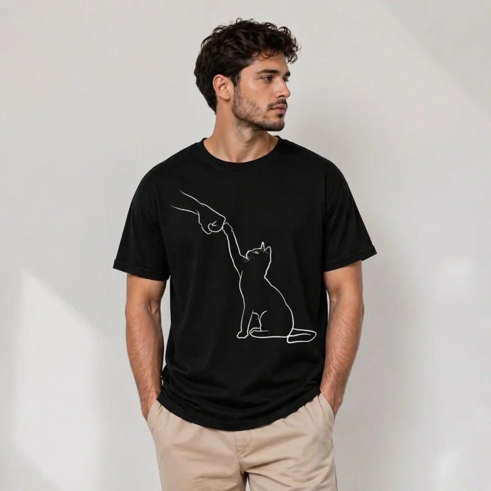 Erkek Minimal Kedi Çizim Baskılı Tişört Kısa Kol Yazlık T-Shirt - Siyah - Görsel 3
