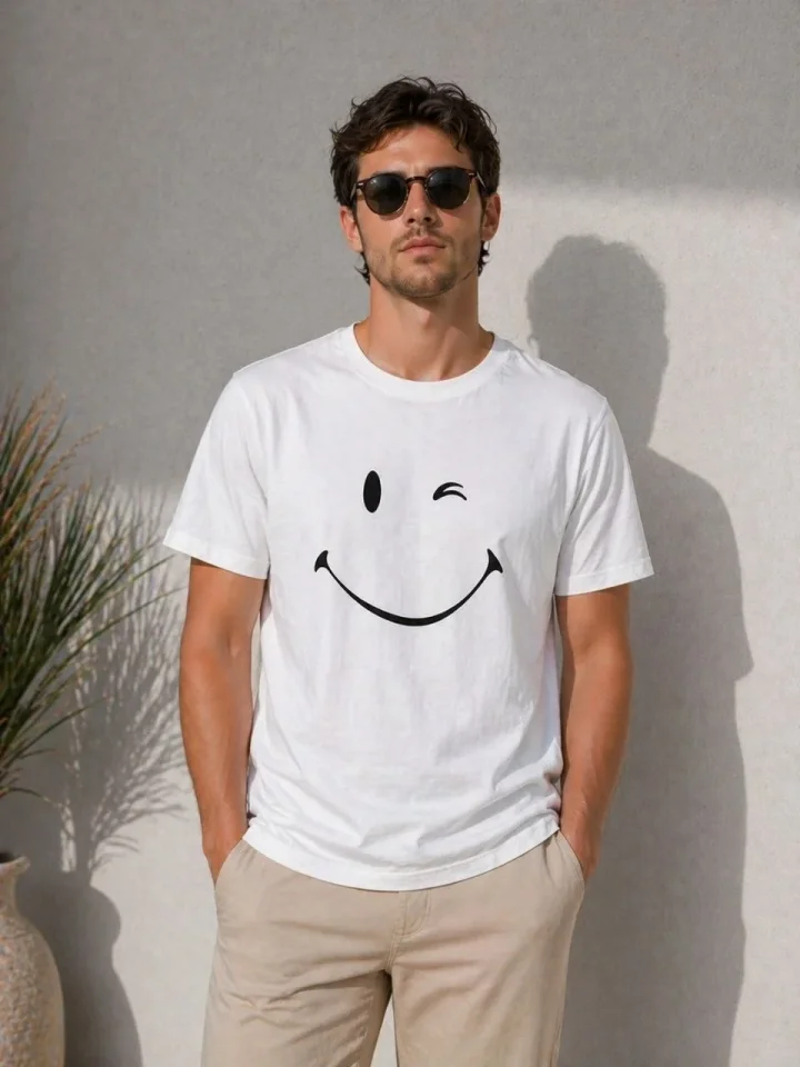 Erkek Minimal Gülümseyen Yüz Baskılı Tişört Kısa Kol Yazlık T-Shirt – Beyaz