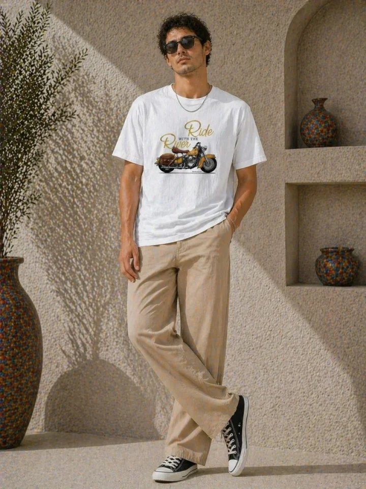 Erkek Motosiklet Baskılı Tişört Bisiklet Yaka Kısa Kol Yazlık T-Shirt – Beyaz