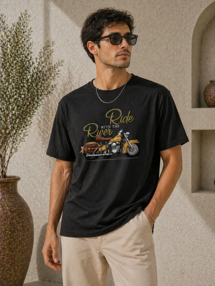 Erkek Motosiklet Baskılı Tişört Bisiklet Yaka Kısa Kol Yazlık T-Shirt – Siyah