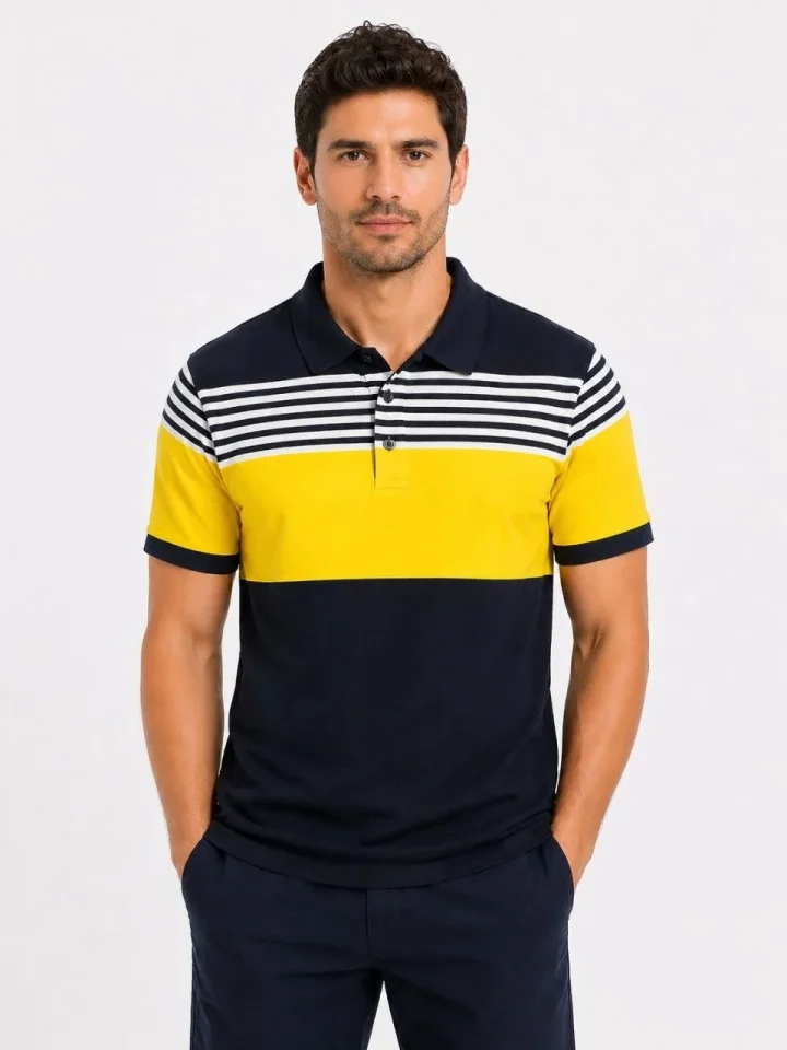 Erkek Pike Kumaş Çizgili Polo Yaka Tişört Kısa Kol Yazlık T-Shirt - Lacivert - Görsel 3