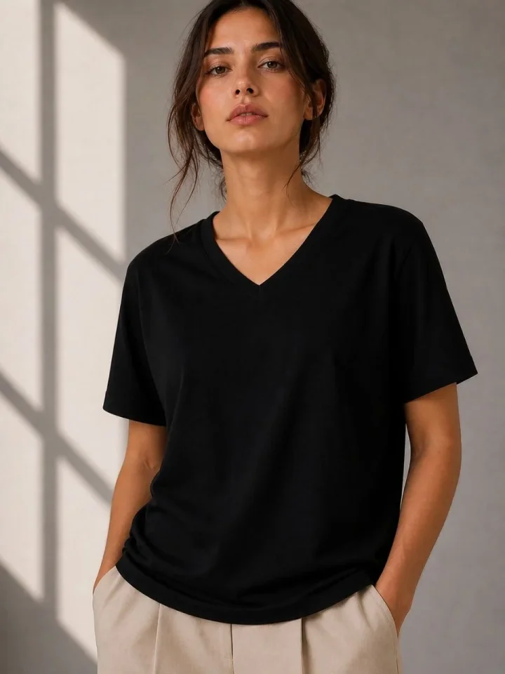 V Yaka Basic Tişört Kısa Kol Yazlık Regular Fit T-Shirt - Siyah - Görsel 4