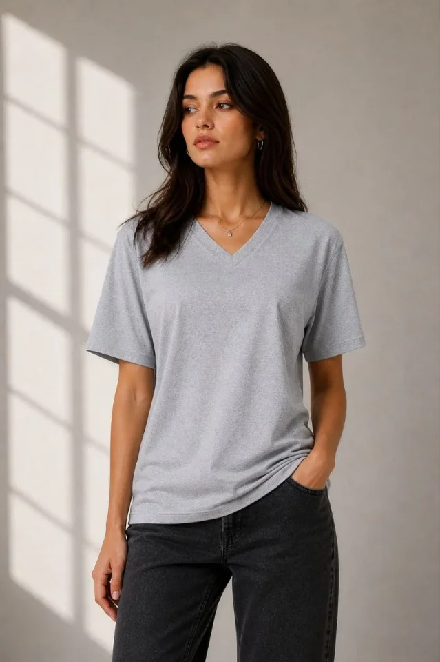 V Yaka Basic Tişört Kısa Kol Yazlık Regular Fit T-Shirt - Gri - Görsel 3