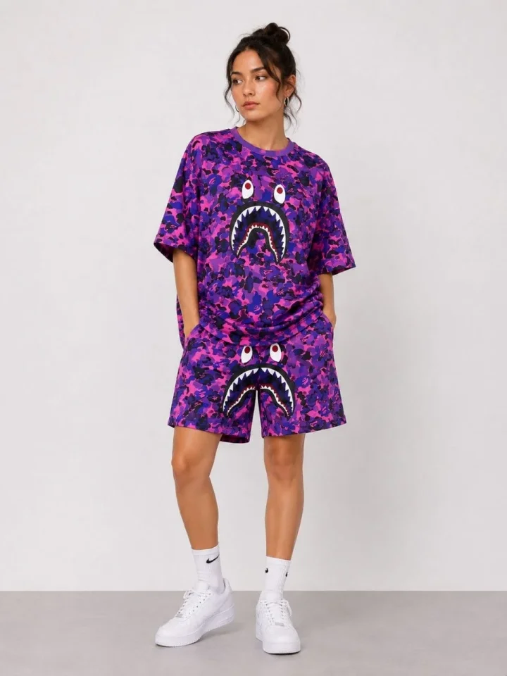 Oversize Kalıp Pubg Bape X Shark Nakışlı Cepli Şort Takım – Mor