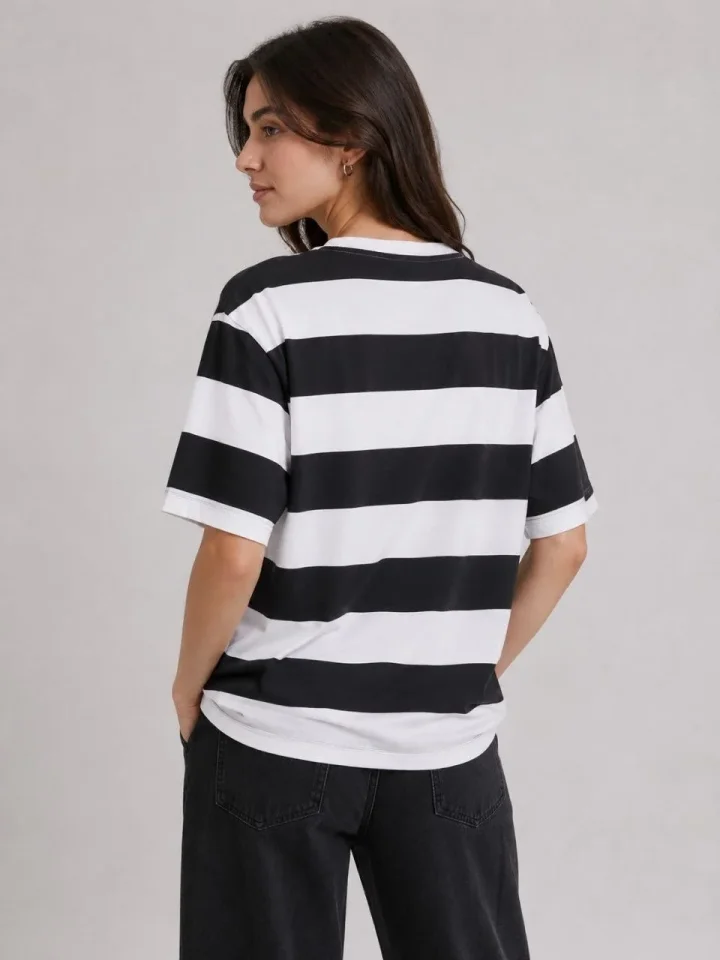 Çizgili Oversize Tişört Bisiklet Yaka Kısa Kol Yazlık T-Shirt - Siyah